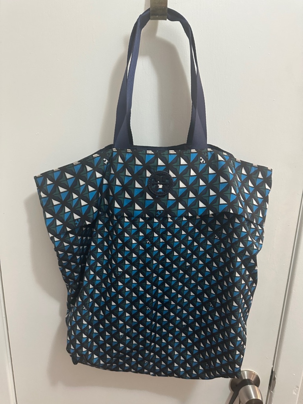 Tory Burch Navy and Teal Geometric Tote